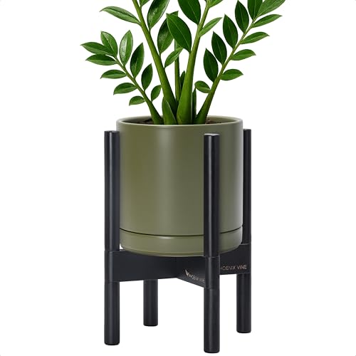 D'vine Dev Ceramic Planter with Ebony Stand - 8 Inch Modern Round Flower Pot with Wood Planter Holder, Olive, 55-B-M-J - color: Olive Pot + Ebony Stand, size: 8 Inch