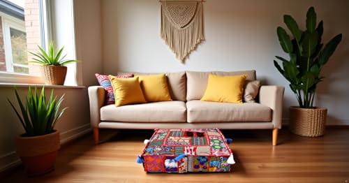 CRAFT KALA Indian Square Patchwork Traditional Pouf Cover Indian Living Room Poufs Decorative Embroidered Designer Ottoman Home Living Footstool Chair Cover Decor Pillow Cover 18x18x5 inches, Red - color: Red, size: 18"D x 18"W x 5"H