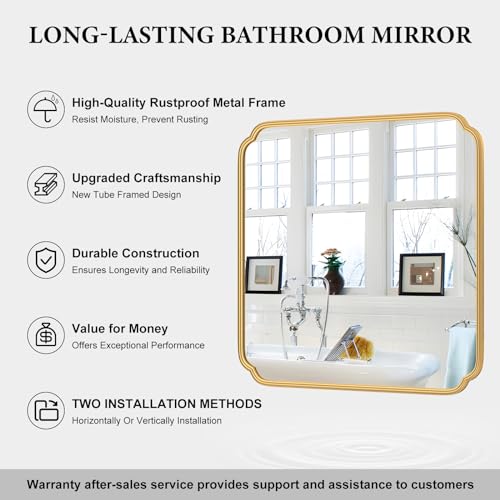 Ferytange Gold Bathroom Mirror for Wall 36" x 36" Square Bathroom Vanity Mirror Farmhouse, Large Rounded Rectangle Mirror, Anti-Rust, Tempered Glass, Hangs Horizontally or Vertically - color: Gold, size: 36"L x 36"W