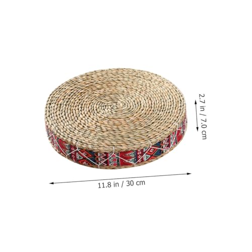 SUPVOX Woven Floor Pillow Meditation Cushion Handmade Indoor Seating Mat 30cm Diameter Bohemian Red Natural Grass Floor Cushion for Mindfulness Practice and Home Decor