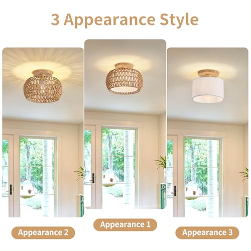 Rattan Ceiling Light Fixture，3 Style Options Boho Flush Mount Ceiling Lights, Hand-Woven Rattan Chandelier,Mini Bohemian Wicker Light Fixtures, Farmhouse Light Fixture for Bedroom Hallway Entryway - color: Light Brown