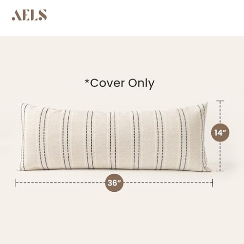 AELS 14x36 Decorative Lumbar Throw Pillow Covers, Farmhouse Linen Blend Textured Long Pillow Case, Beige with White & Black Stitch Boho Cushion Cover for Couch Living Room (Cover ONLY) - color: Beige With White & Black, size: 36" x 14" (Pack of 1)