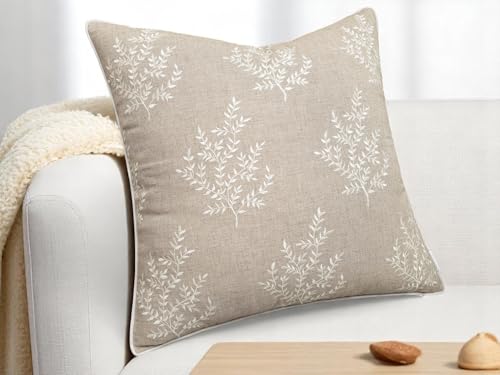 VAGMINE Embroidered Fern Botanical 18x18 Throw Pillow Cover - Natural Linen Square Cushion for Sofa Couch Bed - Cottagecore Farmhouse Home Decor - Leaves - color: Natural-leaves, size: 18" x 18" (Pack of 1)