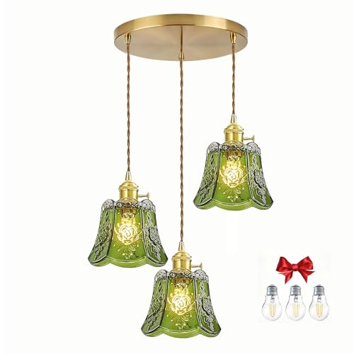 Green Wind Chime Glass Pendant Light, 3 Natural Light Bulbs Included, Adjustable Cord with Switch, Hanging Lamp for Kitchen Island/Dining Room - color: Green 3pcs Flower Pendant Light