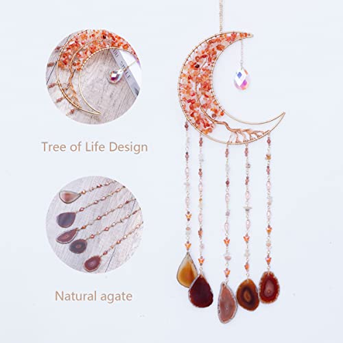 Agate Moon Dream Catchers with Crystal 7 Chakra Gemstone Dream Catchers Color Natural Gem Agate Wall Hangings Room Garden Dreamcatchers Decor (Orange) - color: Orange