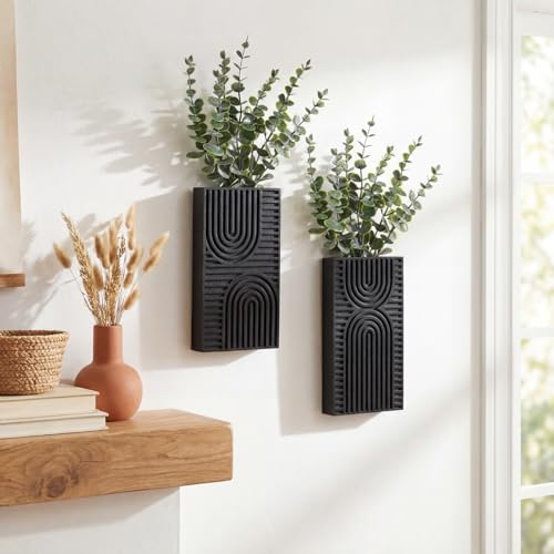 2 Pack Modern Farmhouse Wall Decor Wood Planter Vase with Artificial Eucalyptus Farmhouse Bohemian Hanging Wall Decor for Bathroom Dinning Room Living Room Hallway Bedroom(Black) - color: Black