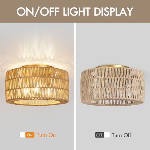 Boho Light Ceiling Fixture Flush Mount Rattan Woven Basket Chandelier for Bedroom Living Room Dining Kitchen, Modern Gold Wicker Lamp for Hallway Entryway Coastal Farmhouse