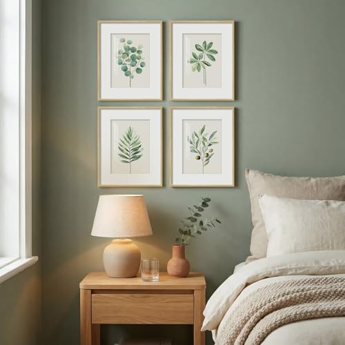 Framed Sage Green Botanical Wall for Kitchen, 4 Piece Minimalist Modern Farmhouse Plant Artwork for Walls, Boho Green Leaf Picture Prints for Kitchen Bathroom Bedroom Living Room Decor, 8x10 Inch - color: Green and White, size: 8" W x 10" H x 4pcs