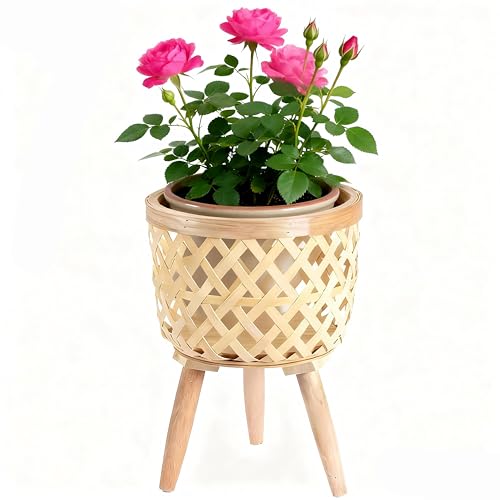 Boho Rattan Plant Stand – Handwoven Elevated Wicker Plant Baskets for Indoor Plants, Mid-Century Modern Wooden Planter Holder with Tripod Legs, Farmhouse Home Decor（small） - size: 1 pieces (S)