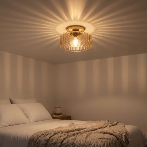 Amber Semi-Flush Mount Ceiling Light, Mid-Century Small Ceiling Light Fixture, E26 Base 1-Light Gold Ceiling Lamp for Kitchen Bathroom Hallway Bedroom Entryway - color: Small, 8.66" Amber