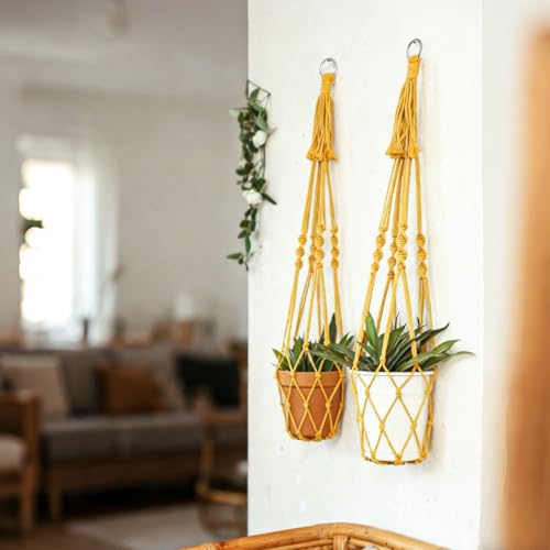 Artilady Boho Macrame Plant Hangers - Handmade Hemp Rope Hanging Baskets for Plants with Ceiling Hooks, Bohemian Home Decor Wall Art (Ginger-Yellow-2pcs) - color: Ginger-yellow-2pcs