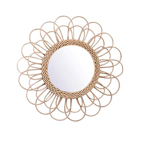 OYPEIP 22" Large Rattan Innovative Art Decoration Round Makeup Mirror Dressing Bedroom Bathroom Wall Hanging Mirrors Craft Photo Props,Glass Decor