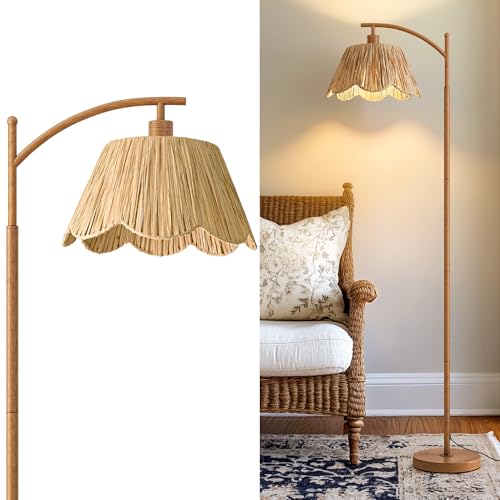 Oneach Rattan Floor Lamp for Bedroom, Boho Floor Lamp with Foot Switch, Farmhouse Standing Lamps for Living Room with Hand-Woven Shade, Walnut Metal Base & Pole - color: Walnut
