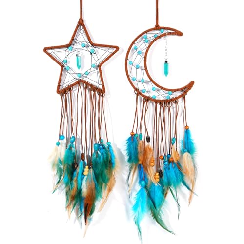 MEXIDAWN DIY Feather Dream Catcher Kits Turquoise Wall Hanging Boho Decor Handmade Dream Catcher for Adults, Moon - style: Moon*1