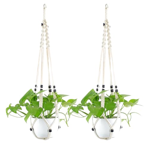 Macrame Plant Hanger Indoor Hanging Planter Basket with Wood Beads Decorative Flower Pot Holder No Tassels for Indoor Outdoor Boho Home Decor 35 Inch, Ivory (Pots Not Included) - style: Style2-2 Pack
