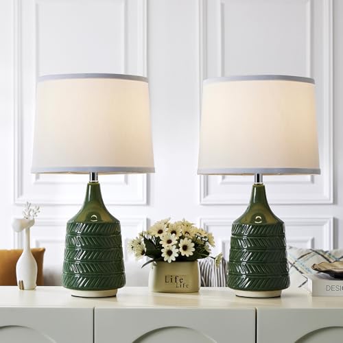 Green Ceramic Table Lamps Set of 2, 18.5" Modern Bedside Lamps for Night Stands, Decor Classic Small Lamps for Living Room End Tables, Farmhouse Boho Lamp for Bedroom Office, LED Bulbs Included - color: Green