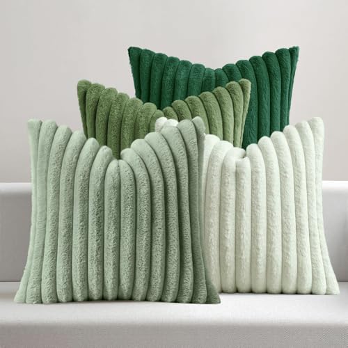 MIULEE Faux Fur Plush Decorative Throw Pillow Covers 18x18 Set of 4, Spring Modern Soft Fuzzy Striped Cushion Covers for Sofa Couch Bed Living Room Cozy Home Decor,Green - color: Green, size: 18" x 18" (Pack of 4)