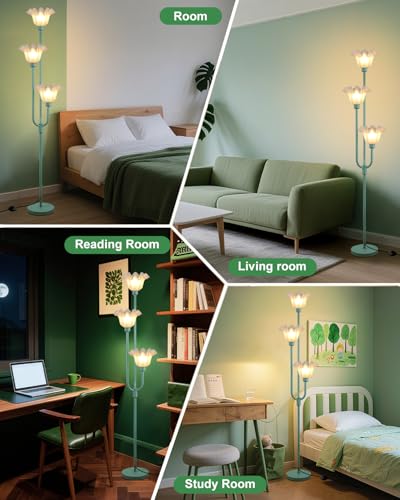 66 Inch Flower Green Floor Lamp for Living Room Bedroom Office, 3-Light Mid Century Standing Lamp with 3000K Warm White LED Bulbs, Vintage Floral Lamp with Heavy Stable Base & Foot Switch - color: 3 Flower-Green
