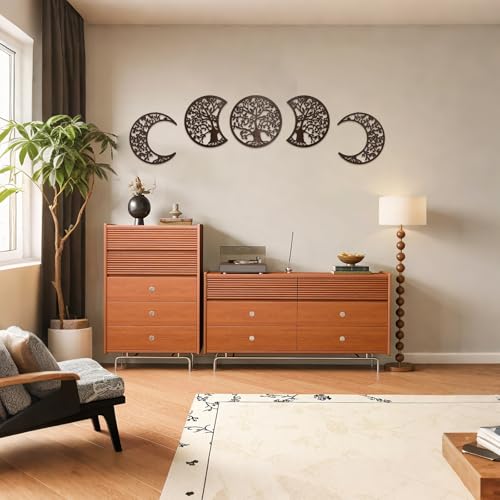 ASMANNA 5 Pcs Tree of Life Wall Art Moon Phase Wall Decor Wooden Wall Hanging Mandala Moon Decor Bohemian Lunar Aesthetic Art for Bedroom Living Room Dorm Apartment Office(Brown) - color: Brown2