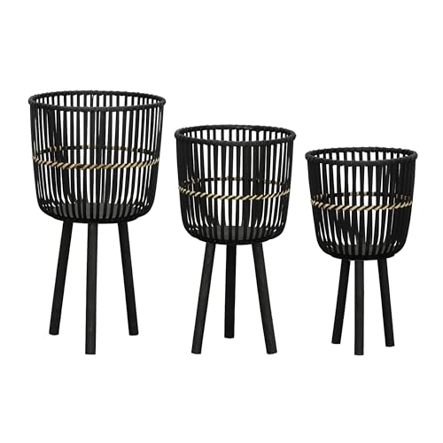 Decorative Bamboo Footed Planters for Home Decor - Garden Plant Pots for Indoor Living Room Decor or Outdoor Patio Areas - Flower Pots for Entryway and Backyard - Set of 3, 27", 23", 19", Black - color: Woven Black, size: 26" H