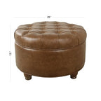 HomePop 25" Button Tufted Round Storage Ottoman - Brown Faux Leather - color: Light Brown