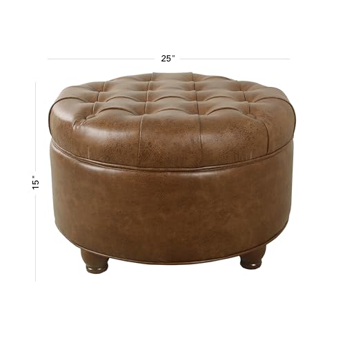HomePop 25" Button Tufted Round Storage Ottoman - Brown Faux Leather - color: Light Brown