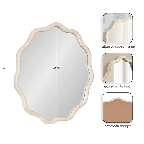Kate and Laurel Rahfy Boho Scalloped Round Rattan Mirror, 32 Inch Diameter, White, Decorative Round Wavy Mirror with Authentic Rattan Frame for Boho Wall Decor