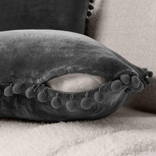 PAVILIA Dark Gray Throw Pillow Covers with Pom Pom 18x18 Set of 2, Decorative Pillow Cases for Bedroom Aesthetic, Small Throw Pillows Set for Bed, Velvet Euro Plush Cushion Covers for Sofa Couch - color: Dark Gray, size: 18" x 18" (Pack of 2)