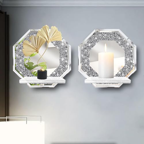 ZOLAPI Crystal Crush Diamond Wall Candle Holder Set of 2, Octagon Silver Mirrored Candle Sconces, Home Wall Decoration for Living Room, Dining Room & Bedroom. - color: Silver Mirror ⑧