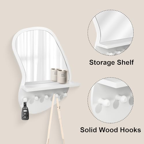 SANY DAYO HOME Wall Mount Wood Frame Irregular Mirror with 5 Wooden Hooks and Shelf, Modern Decorative Hanging Mirror for Entryway, Bedroom, Living Room (16″ x 12″, White) - color: White