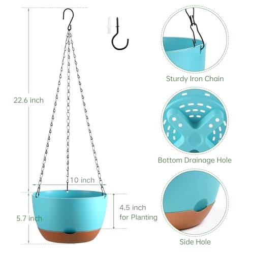 Set of 2 Hanging Planters for Indoor Outdoor Plants, 10 Inch Self-Watering Hanging Flower Pots with Drainage Hole & Removable Water-Storage Tray (Hooks) - color: Sky Blue, size: 10 Inch (M)