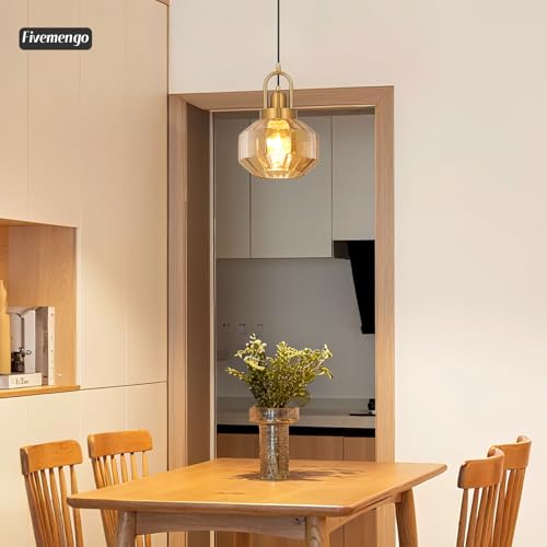 9in Mid Century Modern Pendant Light, Gold and Small Amber Glass | Vintage Lighting Fixture Ceiling Hanging Lamp for Kitchen Island Foyer Dining Room Bedroom Entryway Hallway Over Sink Table - color: Amber & Gold Hardwire, size: 9in