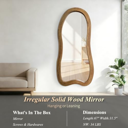 Large Irregular Floor Mirror, 67"x31.5" Organic Shape Mirror with Triple-Layer Solid Wood Frame, Asymmetrical Full Length Mirrors for Entryway Living Room Bedroom Hallway, Leaning/Hanging - color: Natural, size: 67"L x 31.5"W