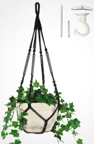 43 Inches Macrame Planter Hanger Large for 12 inch Pot + Swag Hook (Extra Long & Big) | Large Hanging Planter for Indoor Plants | No Tassel, Cotton Rope, NO Pot/Plant Included (Black)(XL) - color: Black