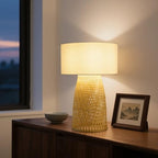 Boho Bamboo Table Lamp, Handwoven Bedside Lamp with Linen Shade, Small Natural Weave Nightstand Light for Living Room, Tea Room, Desk,White - color: White
