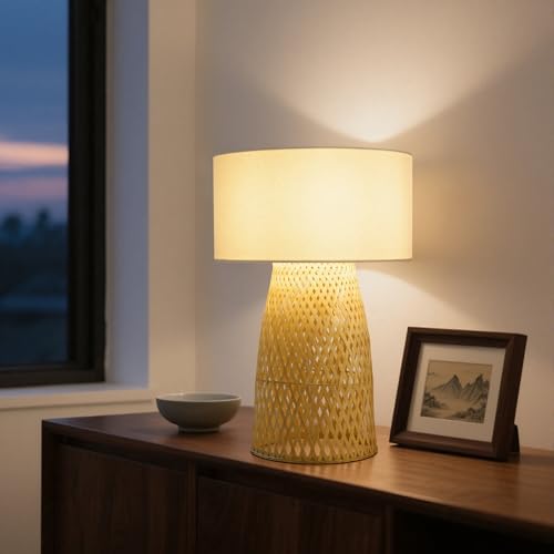 Boho Bamboo Table Lamp, Handwoven Bedside Lamp with Linen Shade, Small Natural Weave Nightstand Light for Living Room, Tea Room, Desk,White - color: White