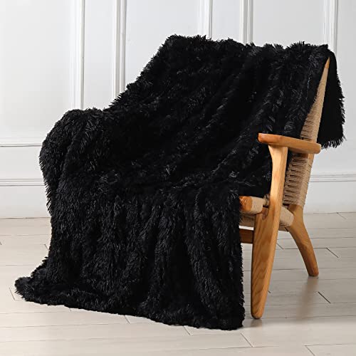 Tuddrom Decorative Extra Soft Faux Fur Throw Blanket 50" x 60",Reversible Fuzzy Long Hair Shaggy Throw Blankets, Fluffy Cozy Plush Fleece Comfy Microfiber Fur Blanket for Couch Sofa Bed, Black - color: Black, size: Throw-50" x 60"