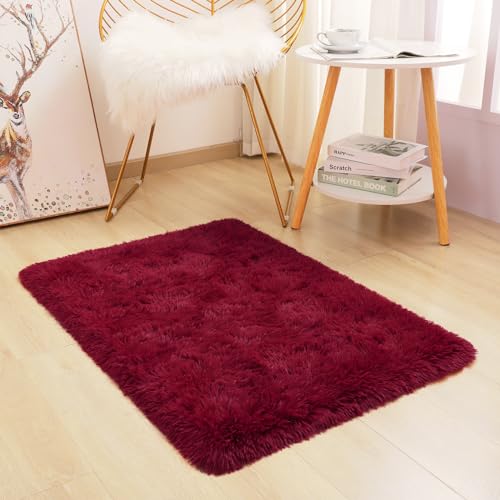 DETUM Small Rug 2x3 Fluffy Rugs for Bedroom Kicthen Entryway Hallyway Washable Non Slip Burgundy Rug, Plush Fuzzy Throw Rugs for Kids Girls Room Decor - color: Burgundy, size: 2 x 3 feet