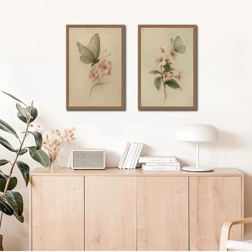 2pcs Vintage Butterfly Floral Framed Canvas Wall Art Antique Botanical Prints With Retro Butterfly And Pink Flower Oil Painting Decor For Living Room Bedroom Office 12x16in - color: Retro butterfly flower, size: 12x16in