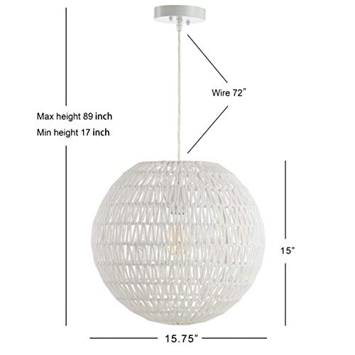 JONATHAN Y 15.7" White Modern Bohemian Woven LED Pendant Light, Adjustable Hanging Ceiling Lamp for Kitchen Island Dining Room, Paper Wicker Shade, Bulb Included JYL6503A - color: White