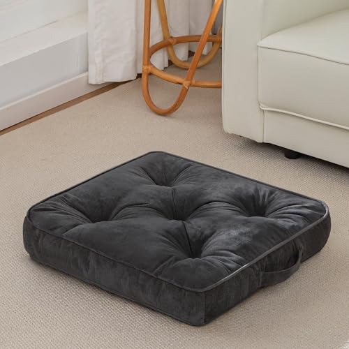 HIGOGOGO Large Floor Pillow Cushion for Adults, Meditation Cushion Pillow with Handle, Lustrous Chenille Tufted, Square Floor Sitting for Tatami Living Room or Yoga, 22x22 Inch, Dark Grey - color: Square Dark Grey, size: 4" Thick(Pack of 1)