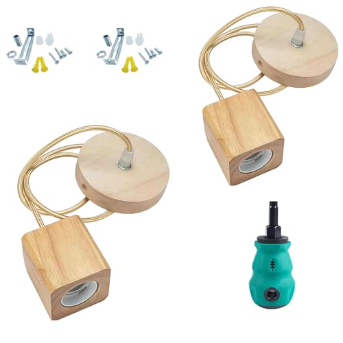 Wooden Lamp Base and Canopy 2-Pack, Modern Geometric & Cylinder Pendant Light Holder with Golden Cord, E26/E27 Socket, Ceiling Fixture Not Included (Square)