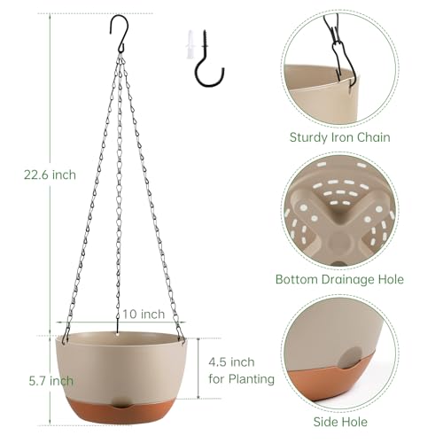 Set of 2 Hanging Planters for Indoor Outdoor Plants, 10 Inch Self-Watering Hanging Flower Pots with Drainage Hole & Removable Water-Storage Tray (Hooks) - color: Beige, size: 10 Inch (M)