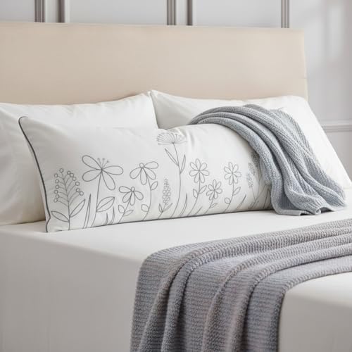 Sunkifover Floral Throw Pillow Cover 14x36 Inch Cotton Embroidery Rectangular Cushion Cover, White and Grey Lumbar Decorative Farmhouse Pillowcase for Bed, Living Room, and Bedroom - color: Wild Flowers, size: 36" x 14"