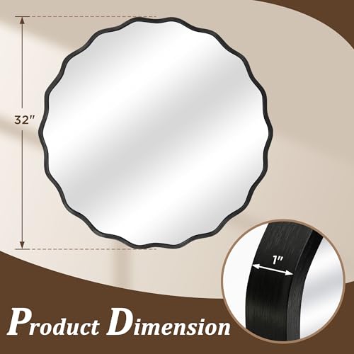 Gold Round Mirror for Wall, 32"x32" Decorative Wavy Bathroom Mirror with Brushed Alloy Steel Frame & Shatter-Proof Glass, Hanging Circle Wall Mirrors for Bathroom, Entryway (Black, Large) - color: Black, size: Large