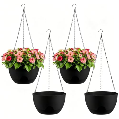 4-Piece Set of 8-Inch Hanging Planters with Automatic Watering System and Drip Tray, Includes Metal Chain, Suitable for Various Indoor and Outdoor Plants and Flowers,Black - color: Pure Black, size: 8 inch