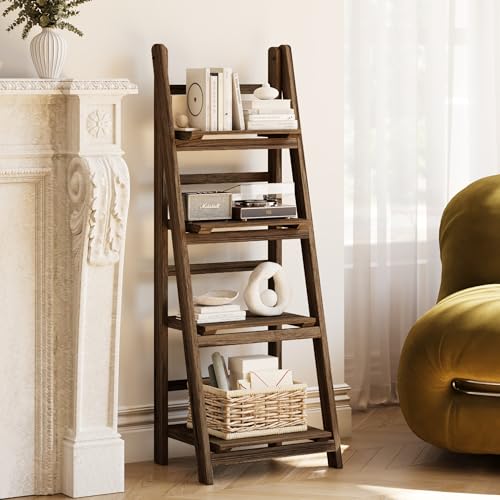Ladder Shelves - Folding Wooden Ladder Bookshelf, 4-Tier Retro Plant Stand Storage Shelves for Home Living Room, Brown - color: Dark Brown