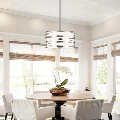 ACNKTZ 12.6'' Brushed Nickel Drum Chandelier, 3-Lights Hanging Dining Room Light Fixtures Over Table, Simple Round Pendant Lighting for Kitchen Island Hallway Bedroom Foyer Bathroom Office - color: Brushed Nickel, size: 12.6"/3-Light