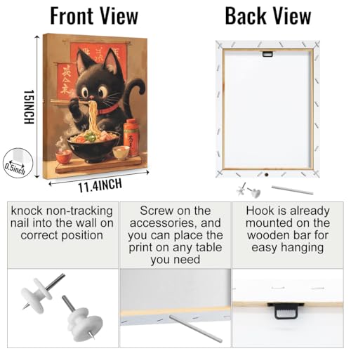 Retro Japanese Cat Eating Ramen Canvas Wall Art, Cat Aesthetic Framed Art Paintings Wall Decor Cats Lover Prints Picture for Living Room Dining Room Farmhouse Decor 11.5x15 Inch - color: Multi 1378