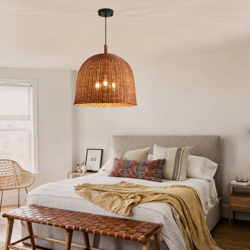 17" Farmhouse Rattan Chandelier 3-Lights Hand Woven Wicker Dining Room Light Coastal Boho Bamboo Pendant Hanging Lighting Fixture for Living Room Bedroom Restaurant Foyer Kitchen Island - color: Coffee-17 IN